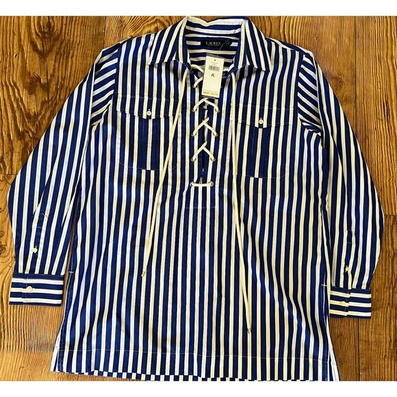 Lauren Ralph Lauren Women's Long Sleeve Blue White Stripe Shirt Size PL NWT - Picture 11 of 16